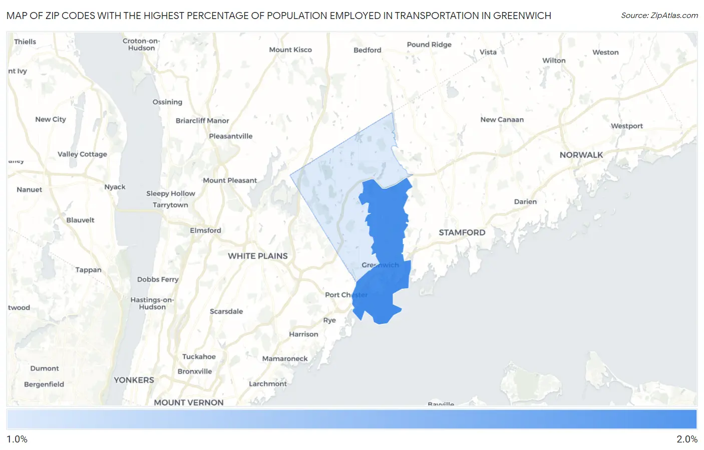 Zip Codes with the Highest Percentage of Population Employed in Transportation in Greenwich Map