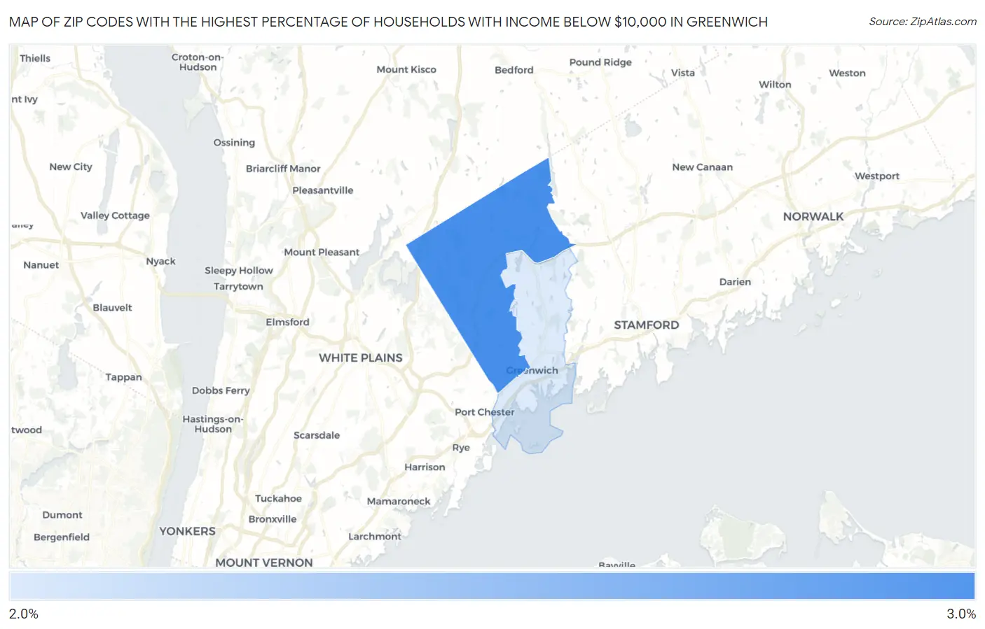 Zip Codes with the Highest Percentage of Households with Income Below $10,000 in Greenwich Map