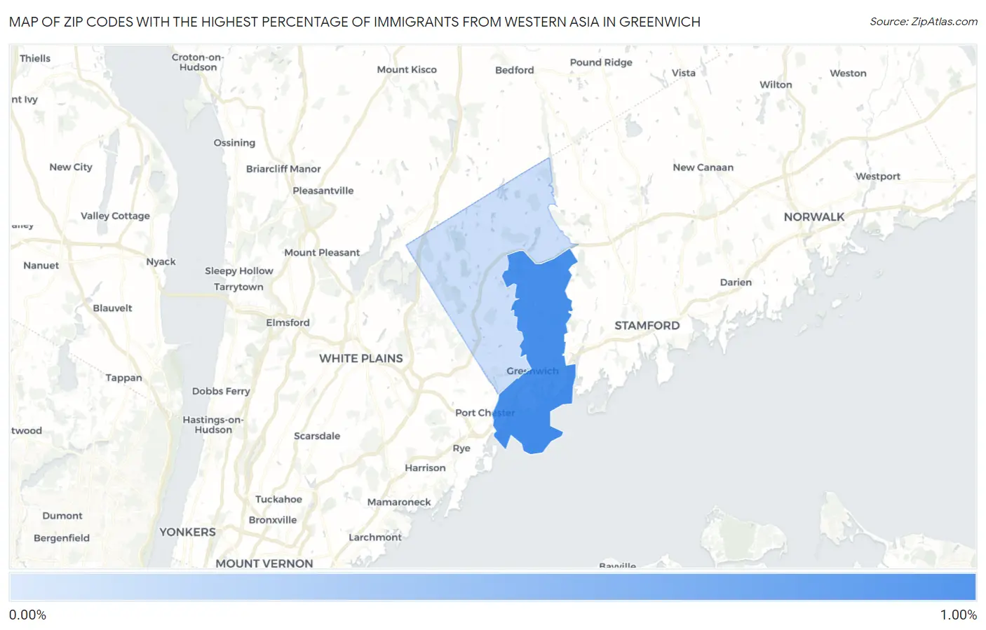 Zip Codes with the Highest Percentage of Immigrants from Western Asia in Greenwich Map