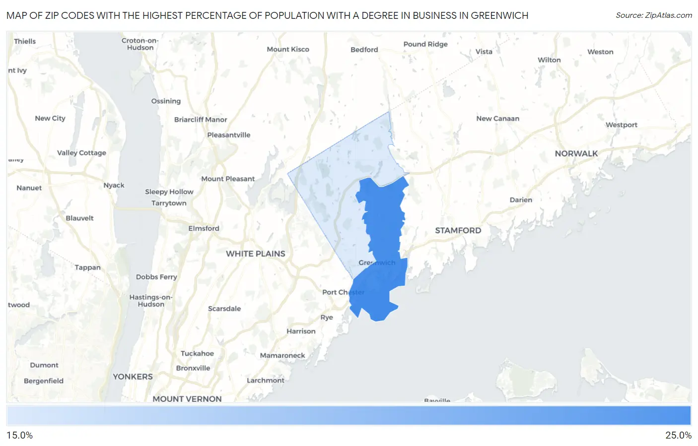 Zip Codes with the Highest Percentage of Population with a Degree in Business in Greenwich Map