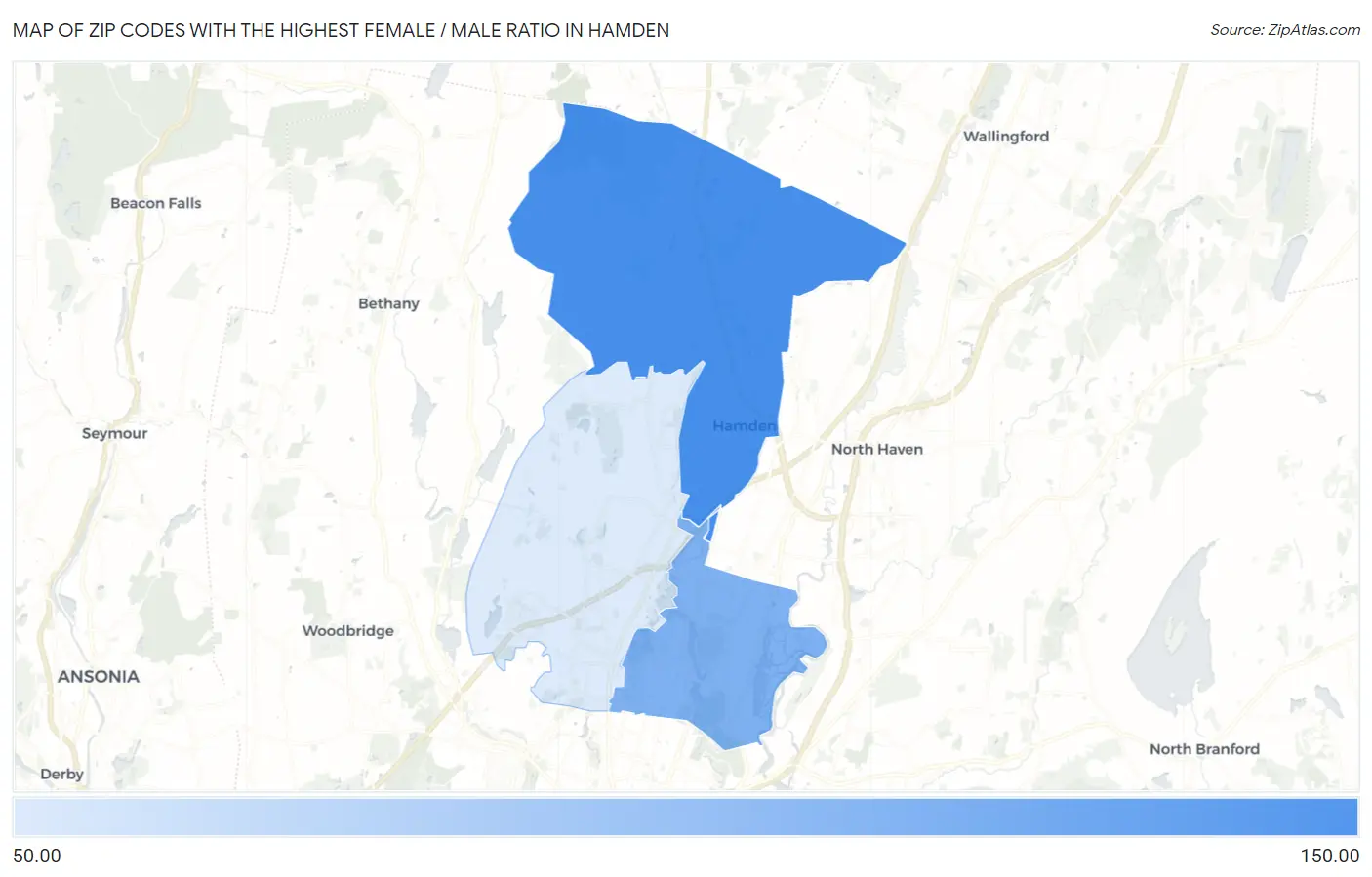 Zip Codes with the Highest Female / Male Ratio in Hamden Map