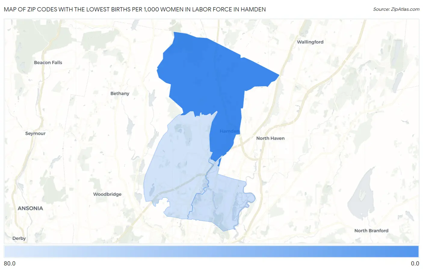 Zip Codes with the Lowest Births per 1,000 Women in Labor Force in Hamden Map