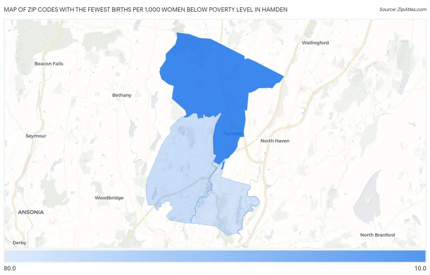 Zip Codes with the Fewest Births per 1,000 Women Below Poverty Level in Hamden Map