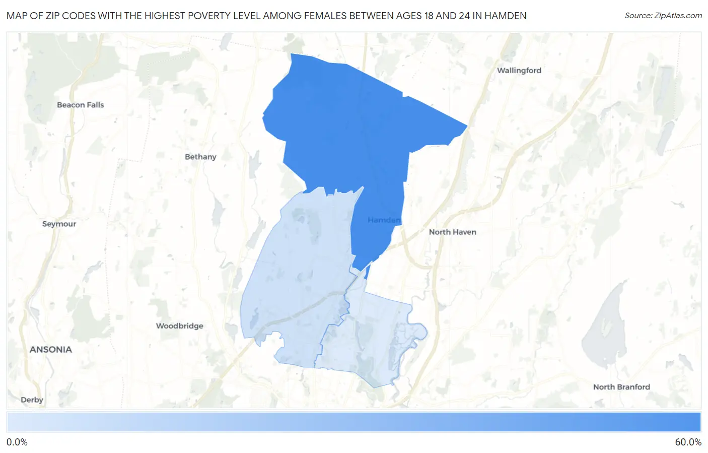Zip Codes with the Highest Poverty Level Among Females Between Ages 18 and 24 in Hamden Map
