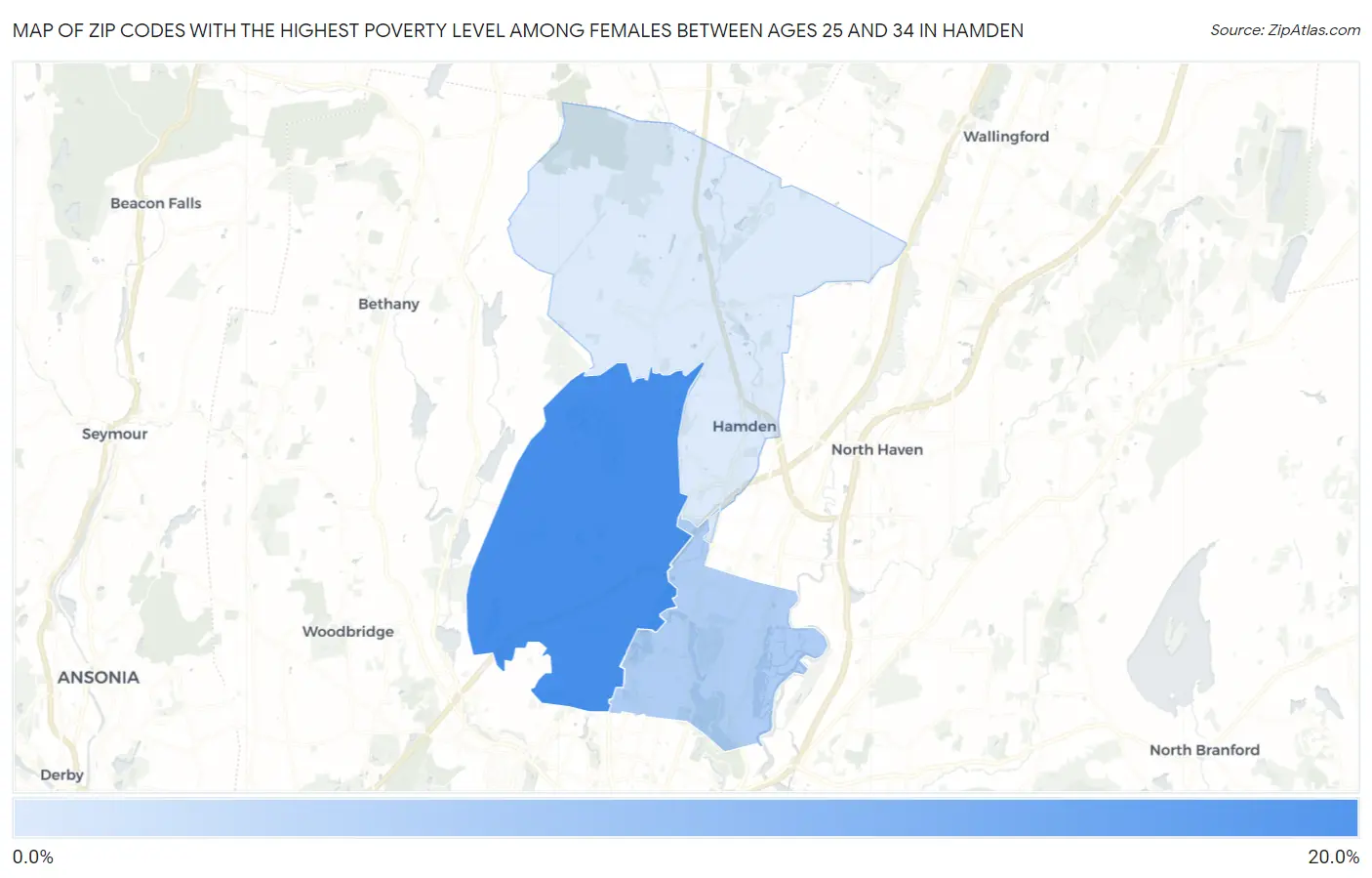 Zip Codes with the Highest Poverty Level Among Females Between Ages 25 and 34 in Hamden Map