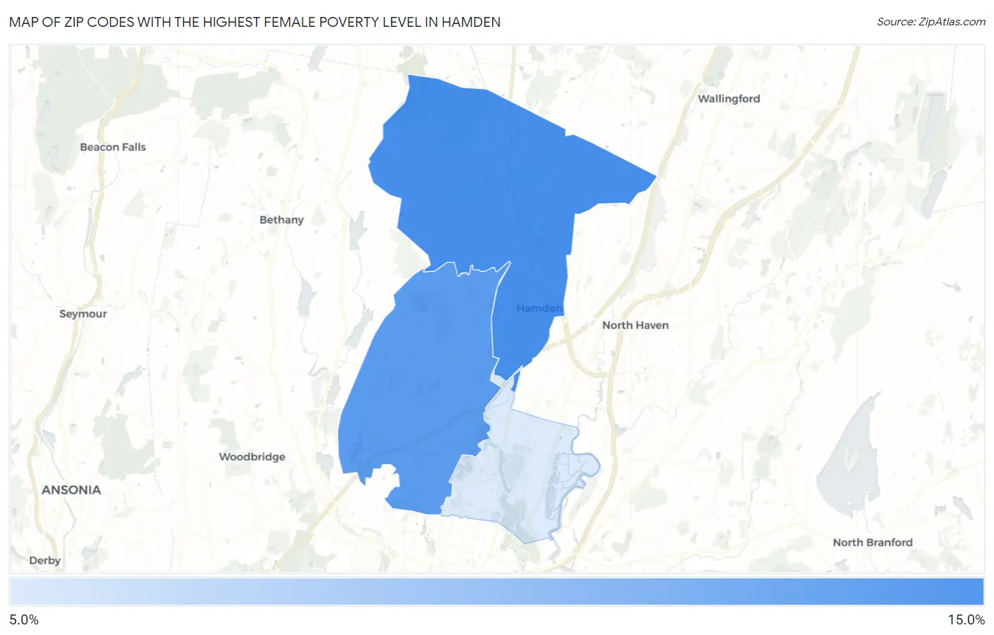 Zip Codes with the Highest Female Poverty Level in Hamden Map