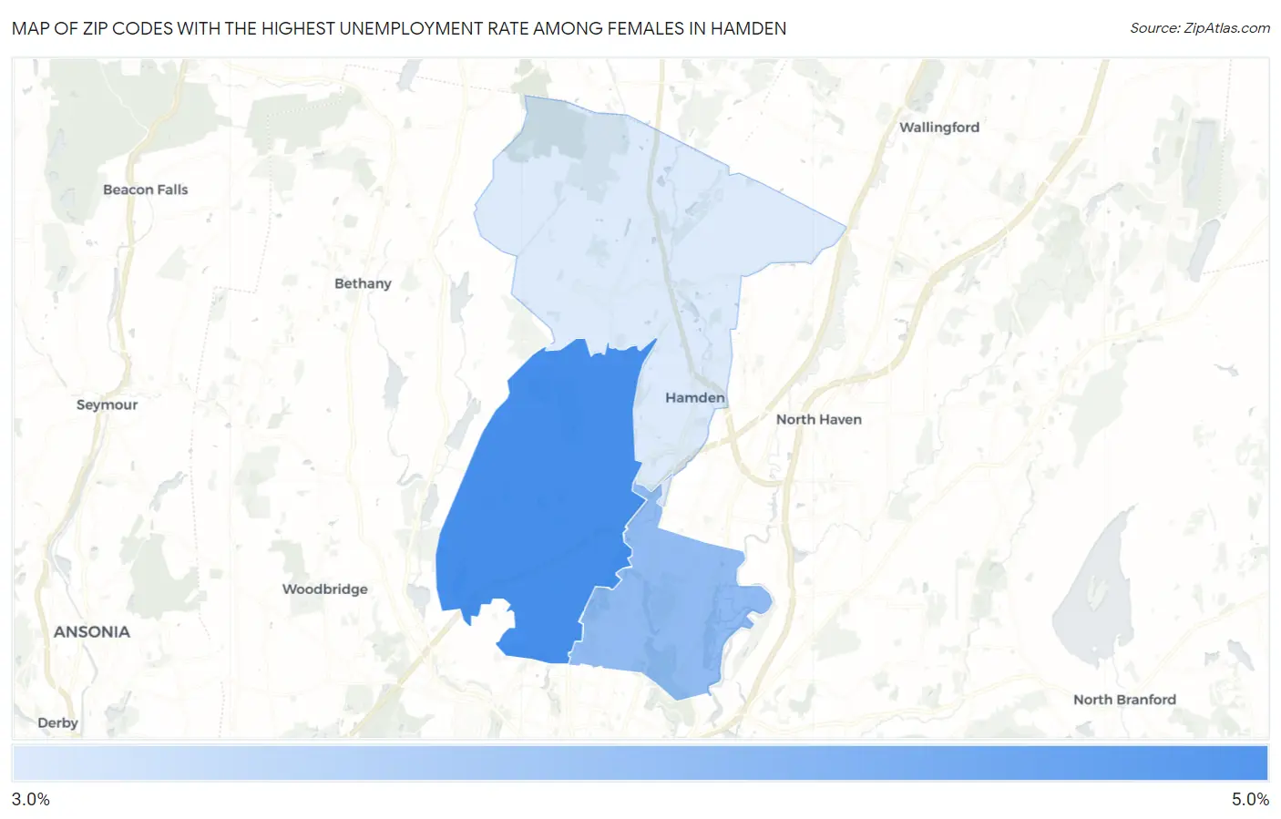 Zip Codes with the Highest Unemployment Rate Among Females in Hamden Map