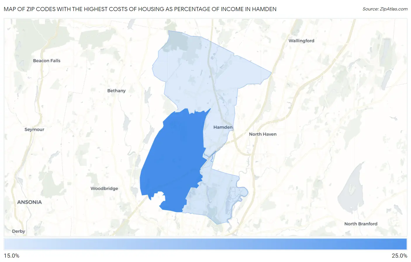 Zip Codes with the Highest Costs of Housing as Percentage of Income in Hamden Map
