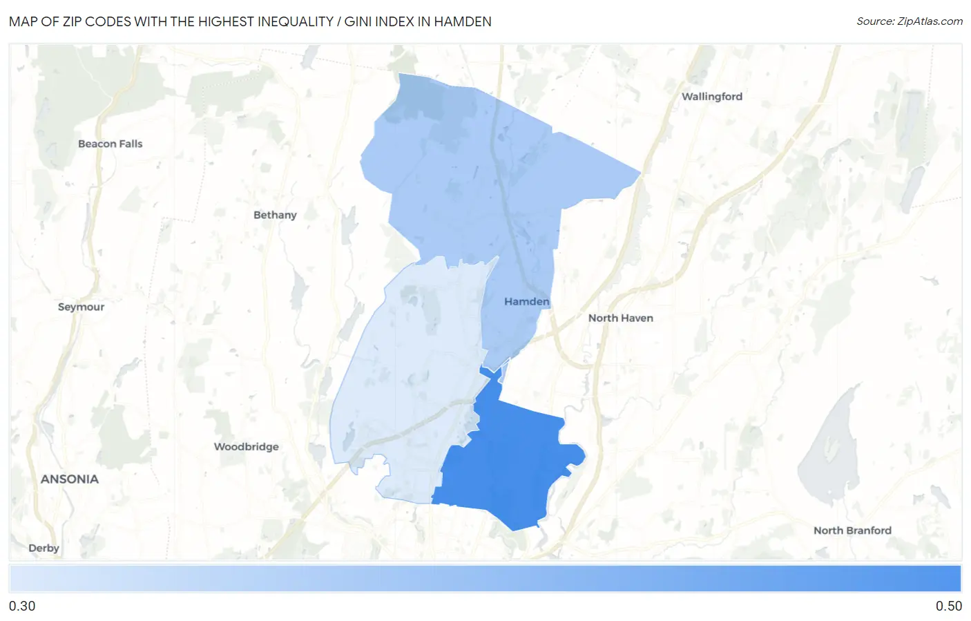 Zip Codes with the Highest Inequality / Gini Index in Hamden Map