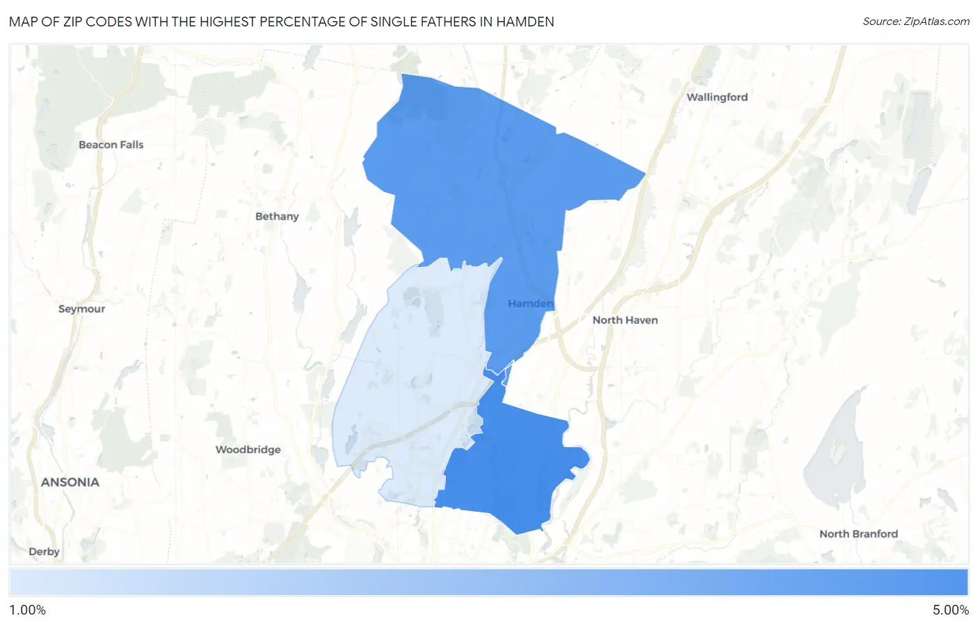 Zip Codes with the Highest Percentage of Single Fathers in Hamden Map
