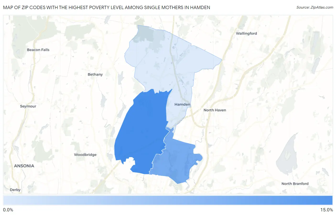 Zip Codes with the Highest Poverty Level Among Single Mothers in Hamden Map