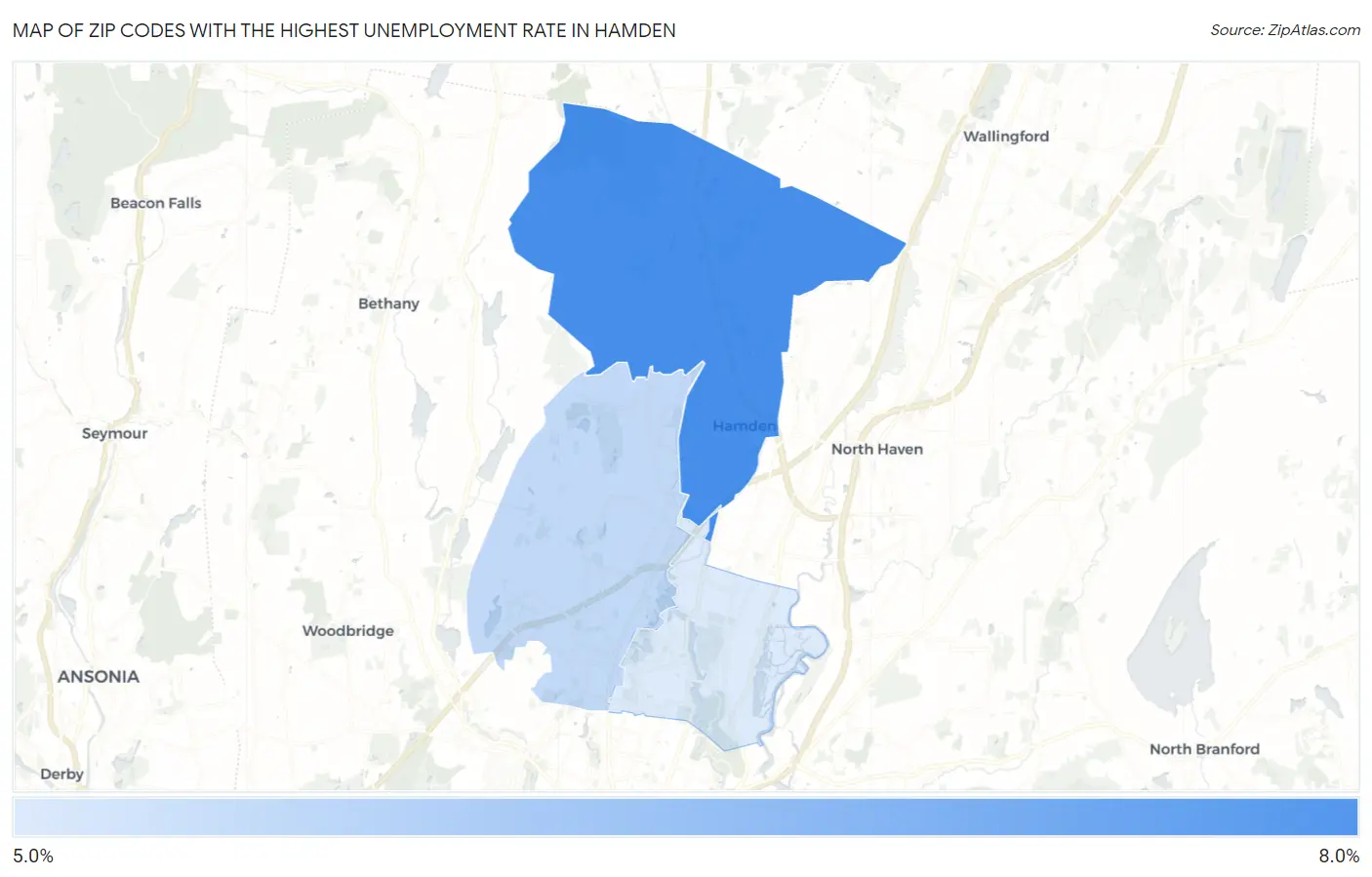 Zip Codes with the Highest Unemployment Rate in Hamden Map