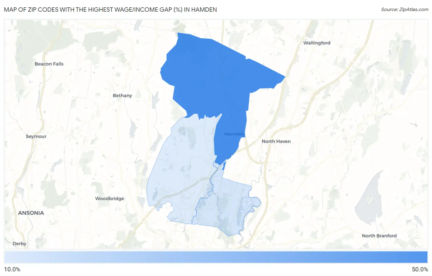Zip Codes with the Highest Wage/Income Gap (%) in Hamden Map