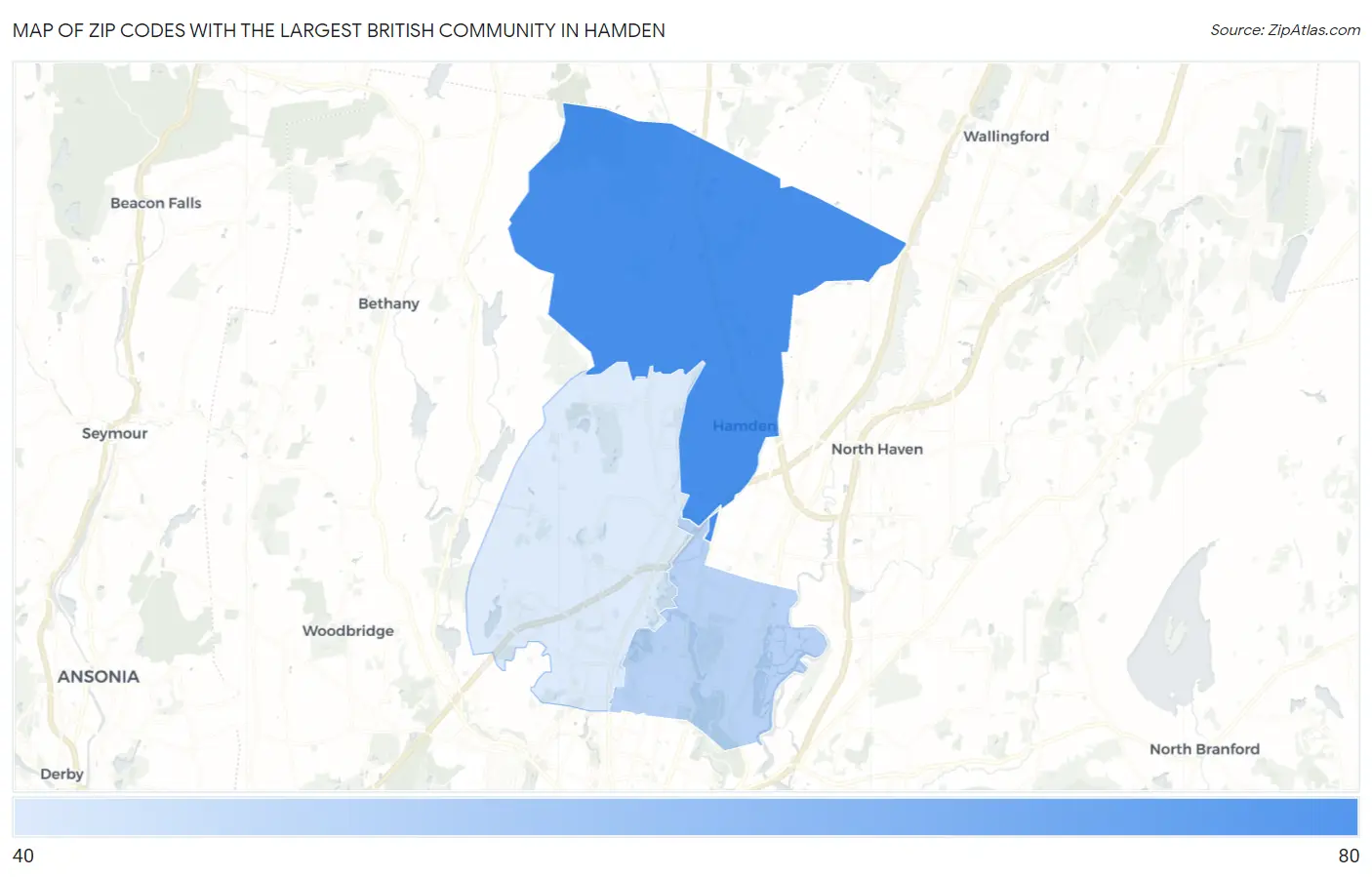 Zip Codes with the Largest British Community in Hamden Map