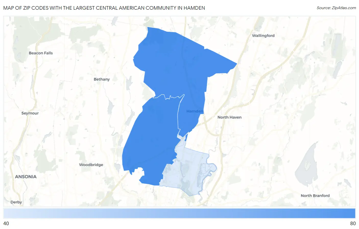 Zip Codes with the Largest Central American Community in Hamden Map