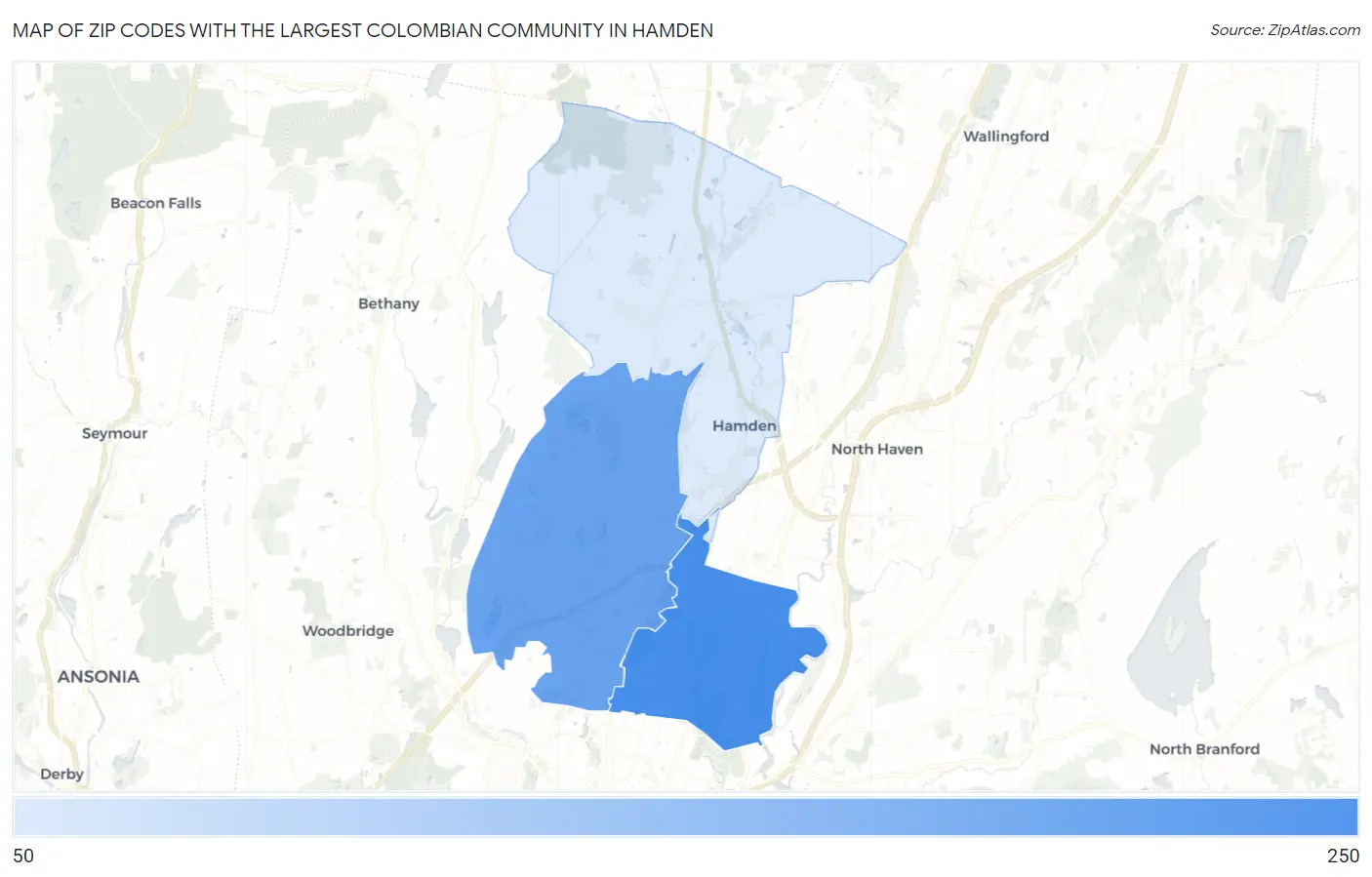 Zip Codes with the Largest Colombian Community in Hamden Map