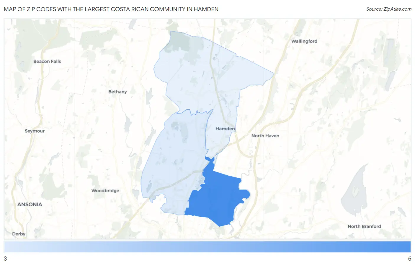 Zip Codes with the Largest Costa Rican Community in Hamden Map