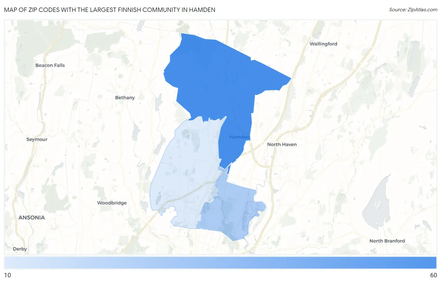 Zip Codes with the Largest Finnish Community in Hamden Map