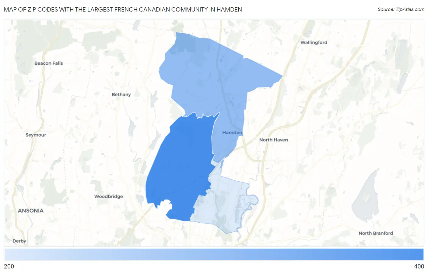 Zip Codes with the Largest French Canadian Community in Hamden Map