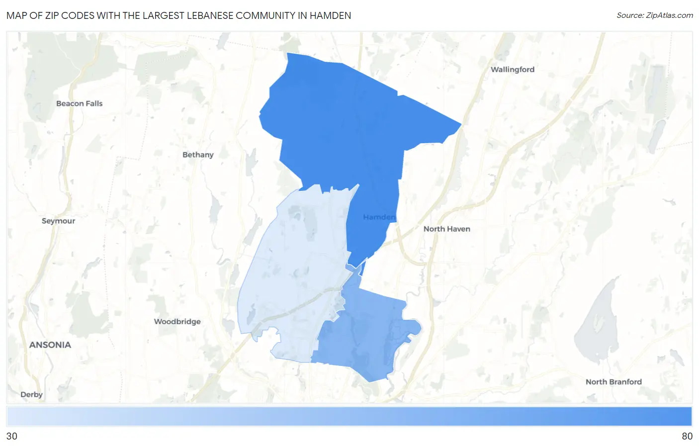 Zip Codes with the Largest Lebanese Community in Hamden Map