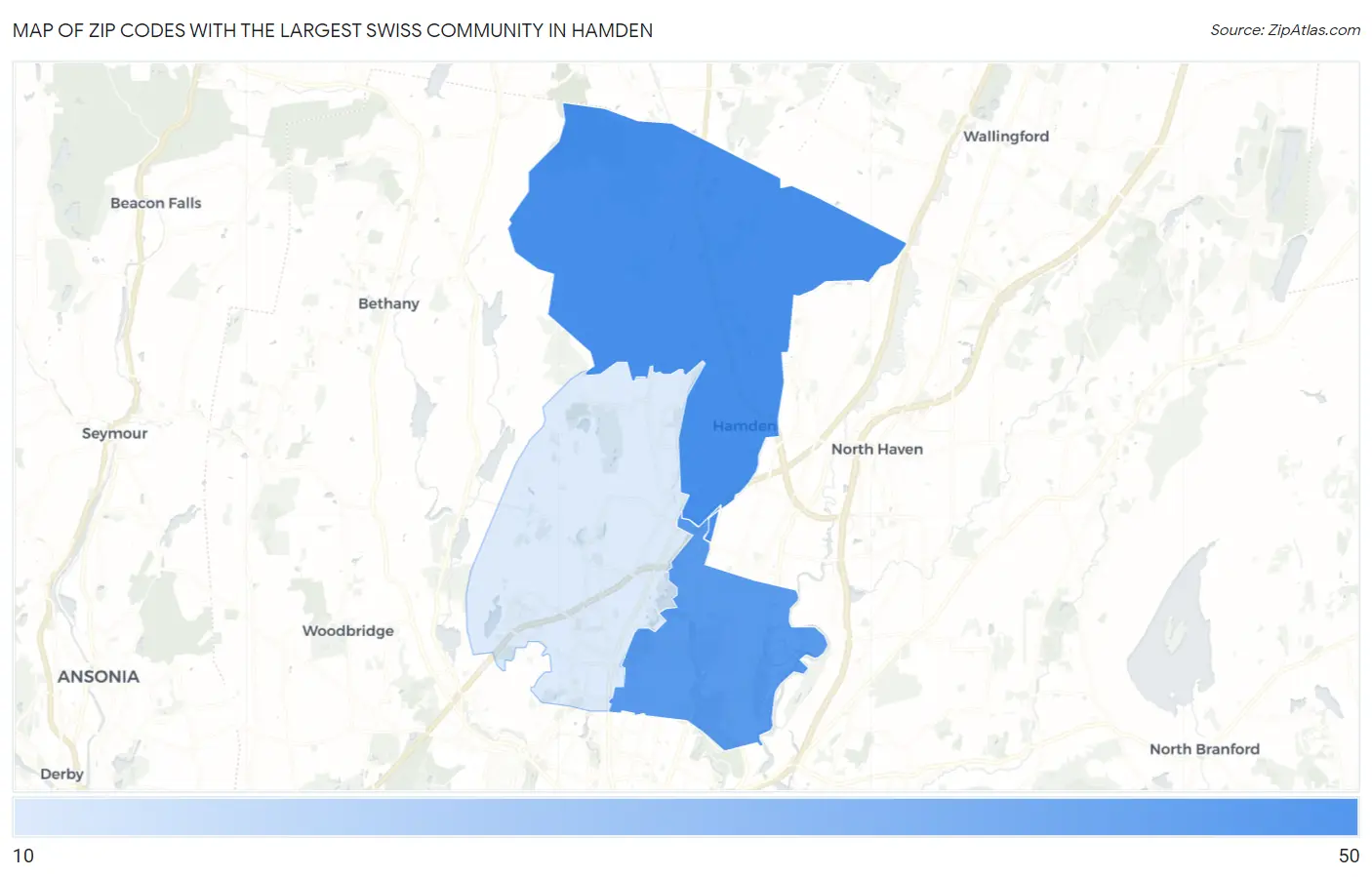 Zip Codes with the Largest Swiss Community in Hamden Map