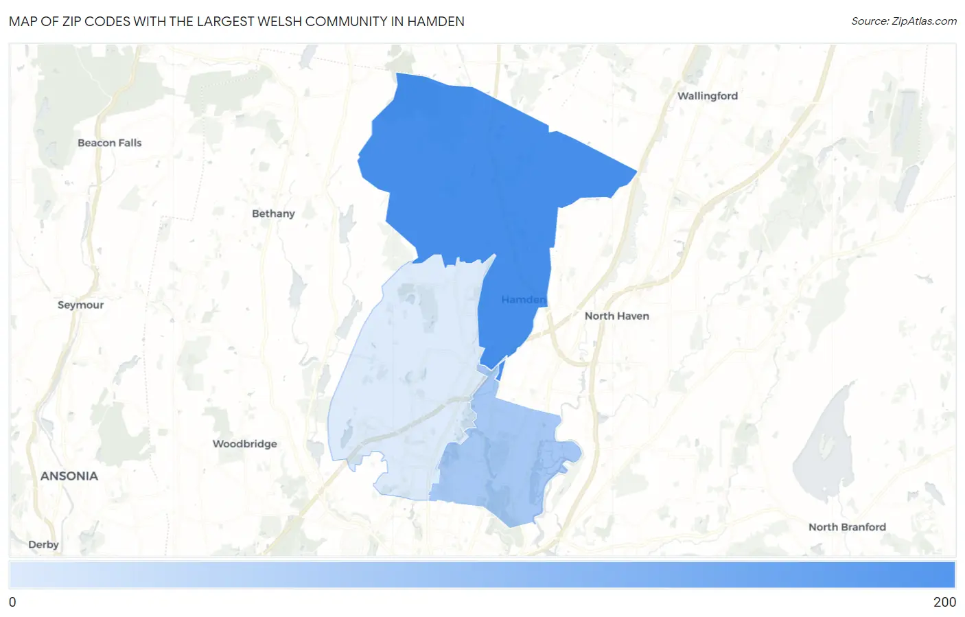 Zip Codes with the Largest Welsh Community in Hamden Map