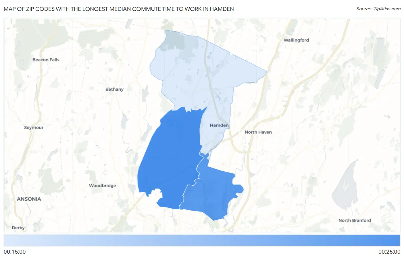 Zip Codes with the Longest Median Commute Time to Work in Hamden Map