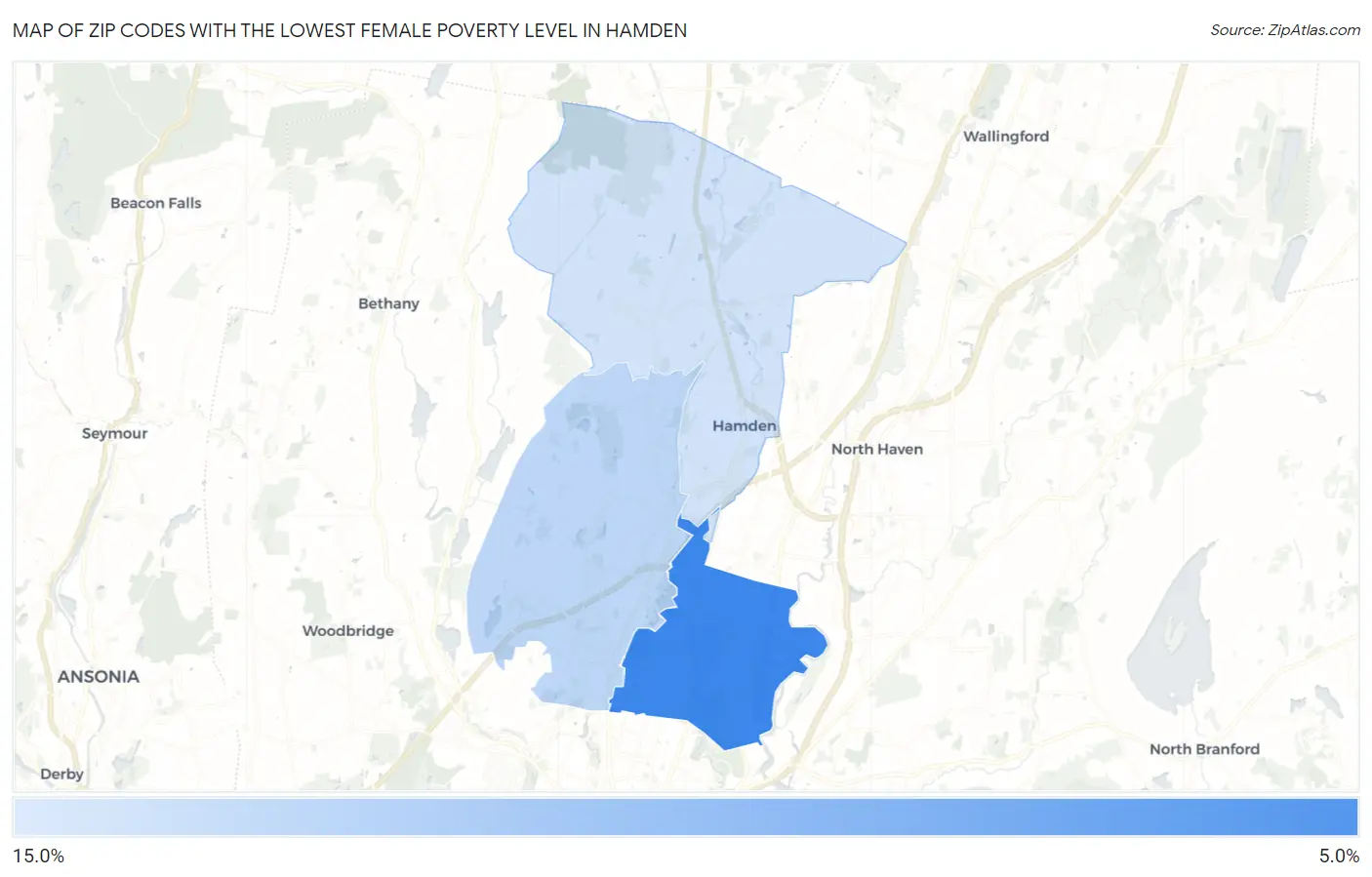 Zip Codes with the Lowest Female Poverty Level in Hamden Map