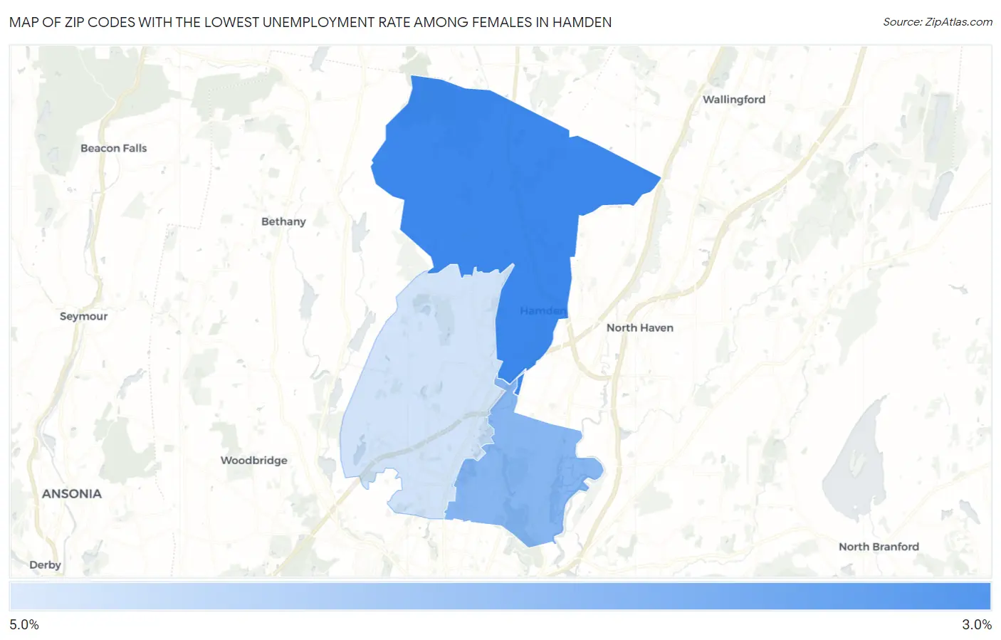 Zip Codes with the Lowest Unemployment Rate Among Females in Hamden Map
