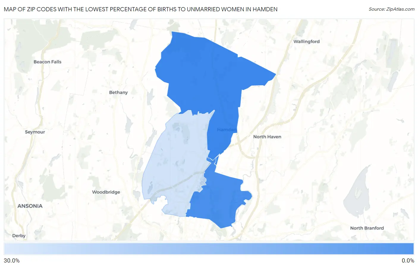 Zip Codes with the Lowest Percentage of Births to Unmarried Women in Hamden Map
