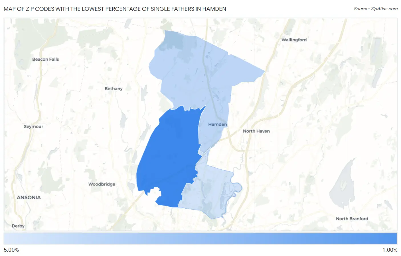Zip Codes with the Lowest Percentage of Single Fathers in Hamden Map