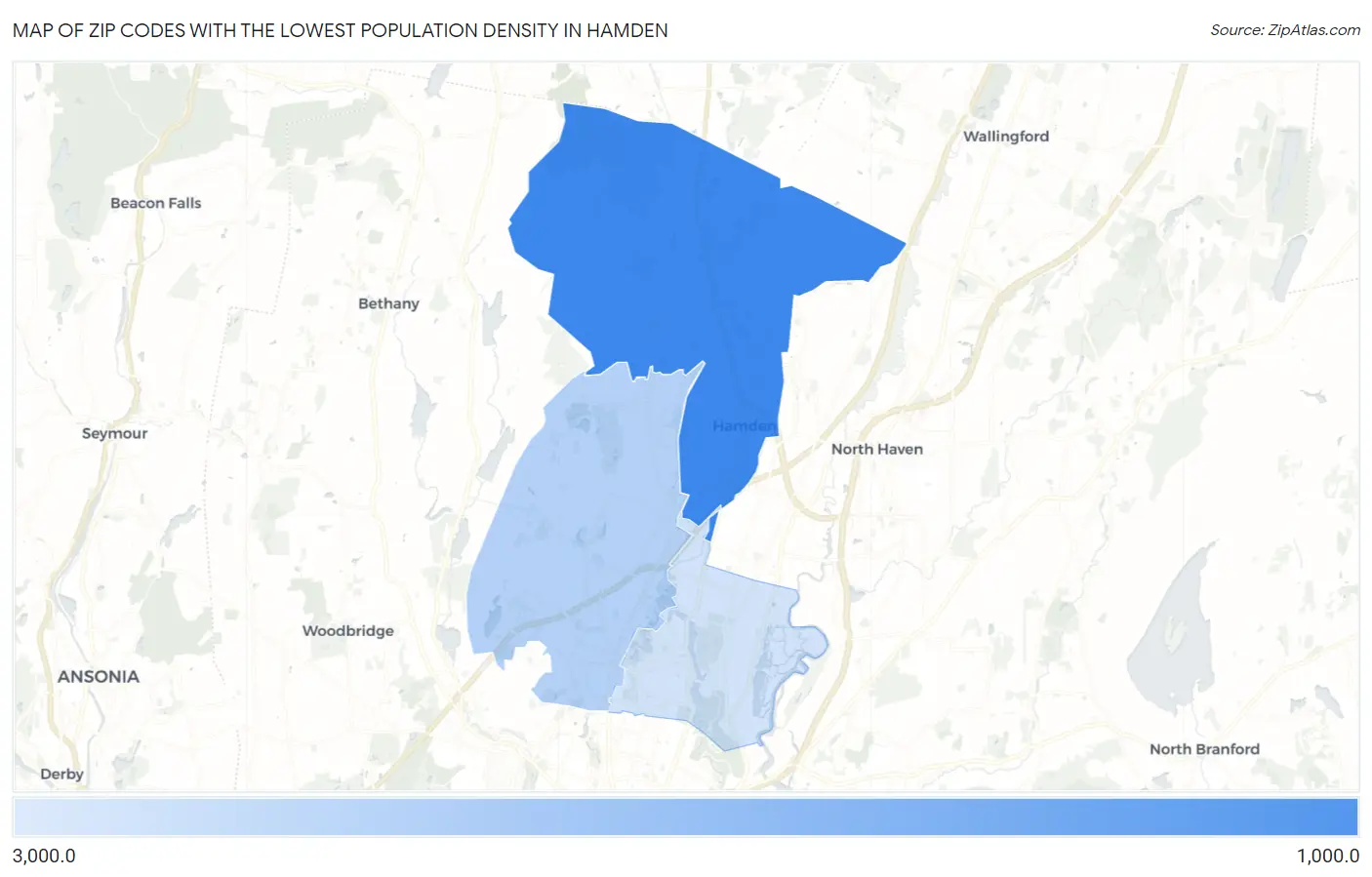 Zip Codes with the Lowest Population Density in Hamden Map