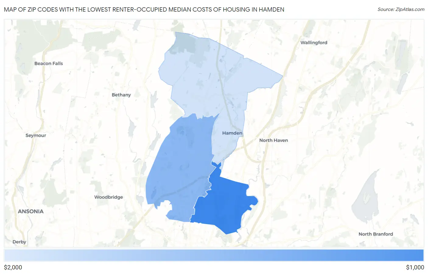 Zip Codes with the Lowest Renter-Occupied Median Costs of Housing in Hamden Map