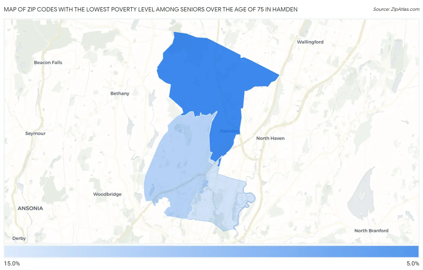 Zip Codes with the Lowest Poverty Level Among Seniors Over the Age of 75 in Hamden Map