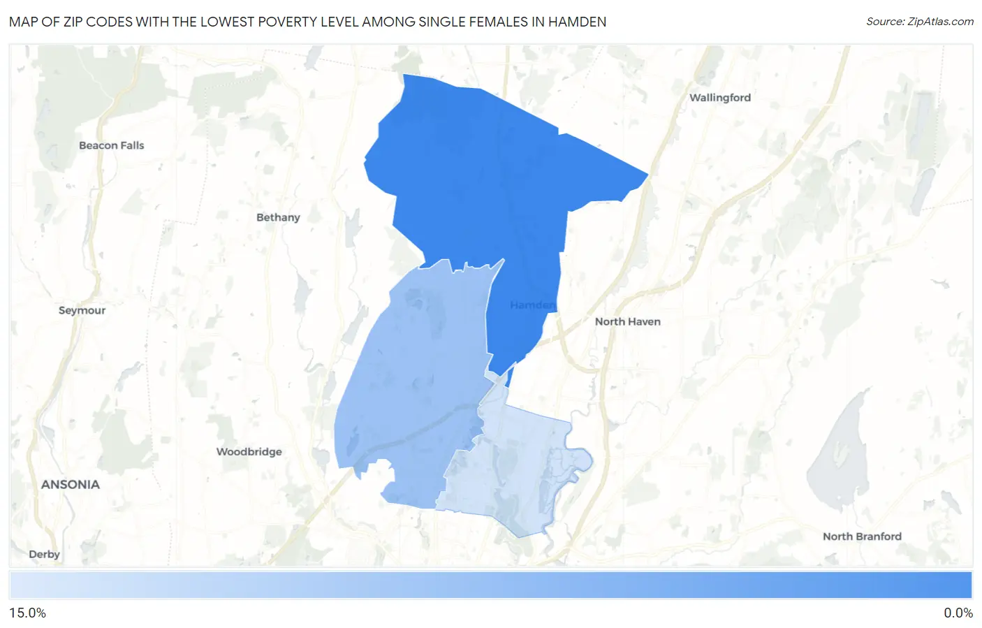 Zip Codes with the Lowest Poverty Level Among Single Females in Hamden Map