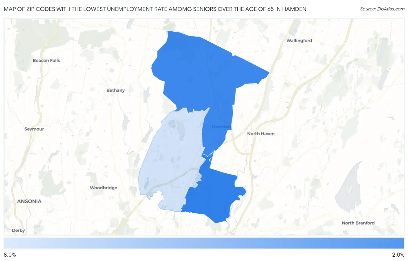 Zip Codes with the Lowest Unemployment Rate Amomg Seniors Over the Age of 65 in Hamden Map