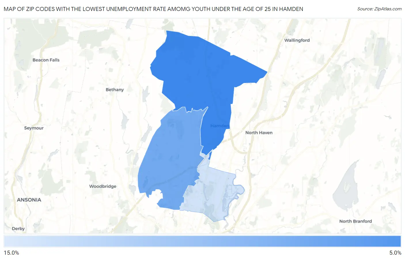 Zip Codes with the Lowest Unemployment Rate Amomg Youth Under the Age of 25 in Hamden Map