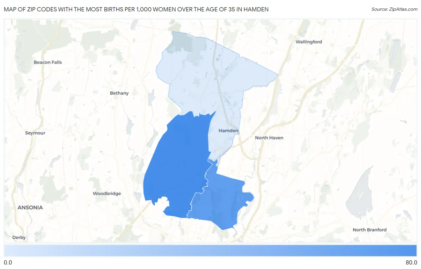 Zip Codes with the Most Births per 1,000 Women Over the Age of 35 in Hamden Map