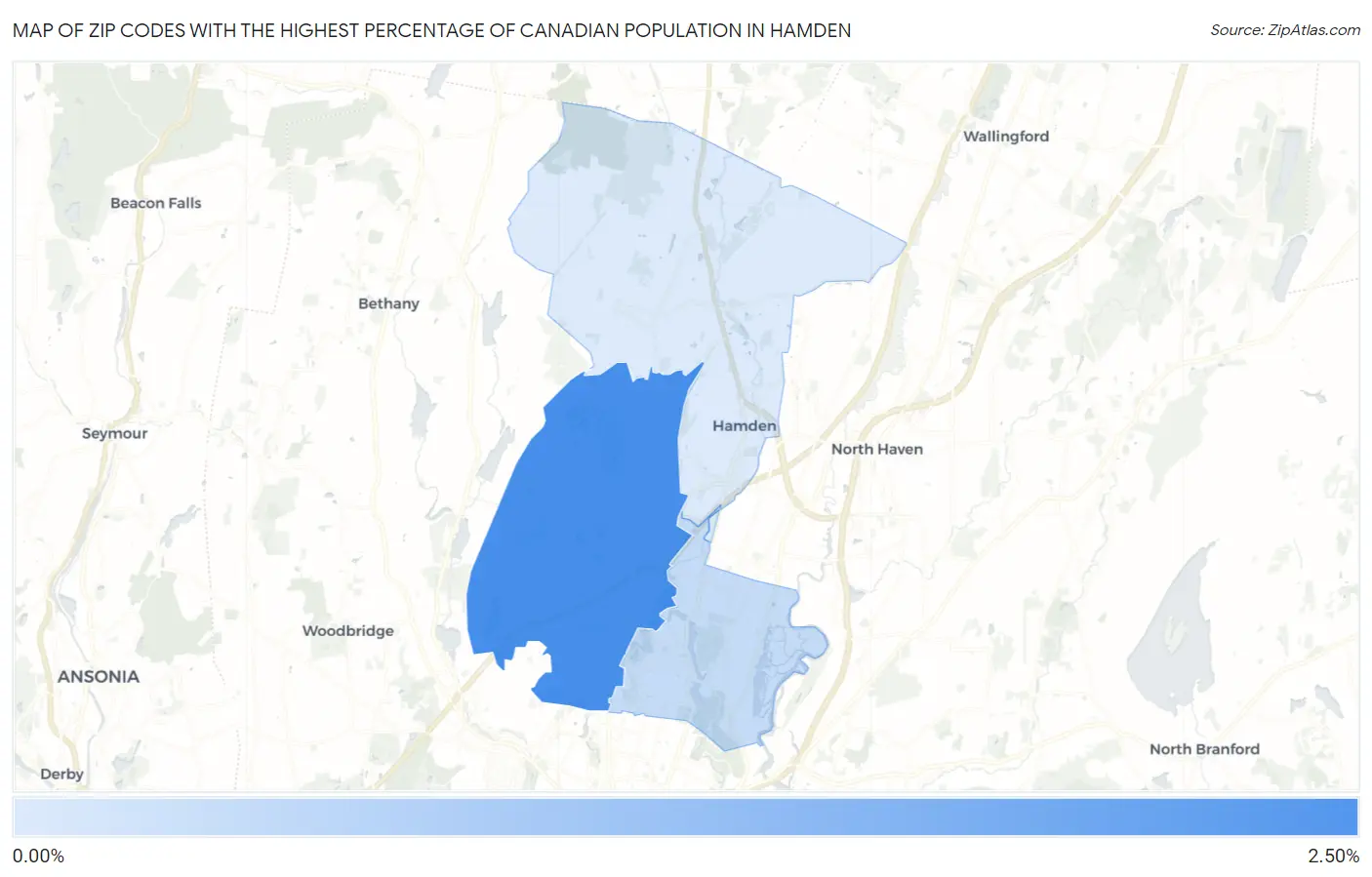 Zip Codes with the Highest Percentage of Canadian Population in Hamden Map