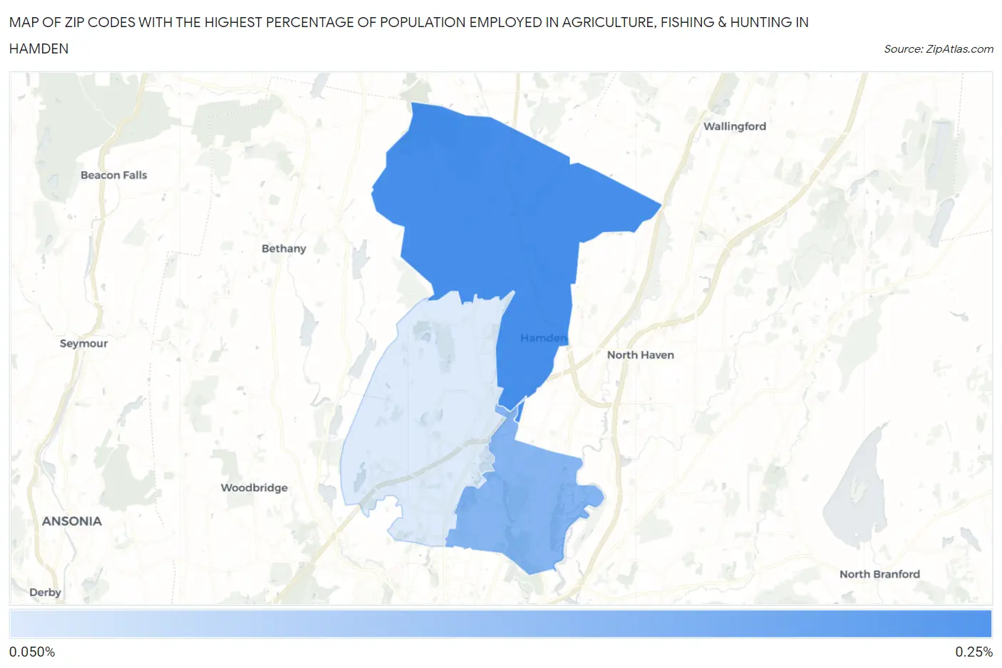 Zip Codes with the Highest Percentage of Population Employed in Agriculture, Fishing & Hunting in Hamden Map