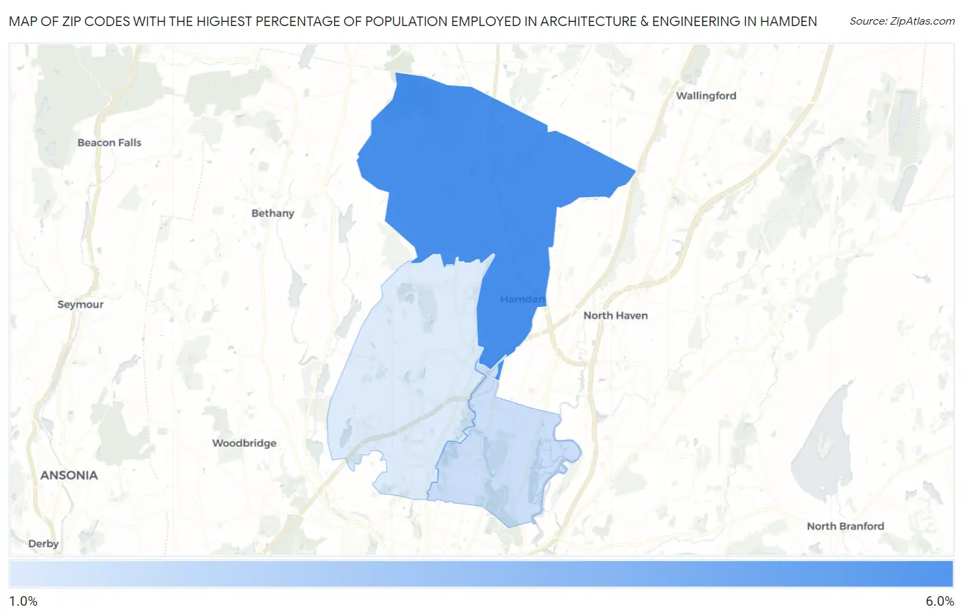 Zip Codes with the Highest Percentage of Population Employed in Architecture & Engineering in Hamden Map