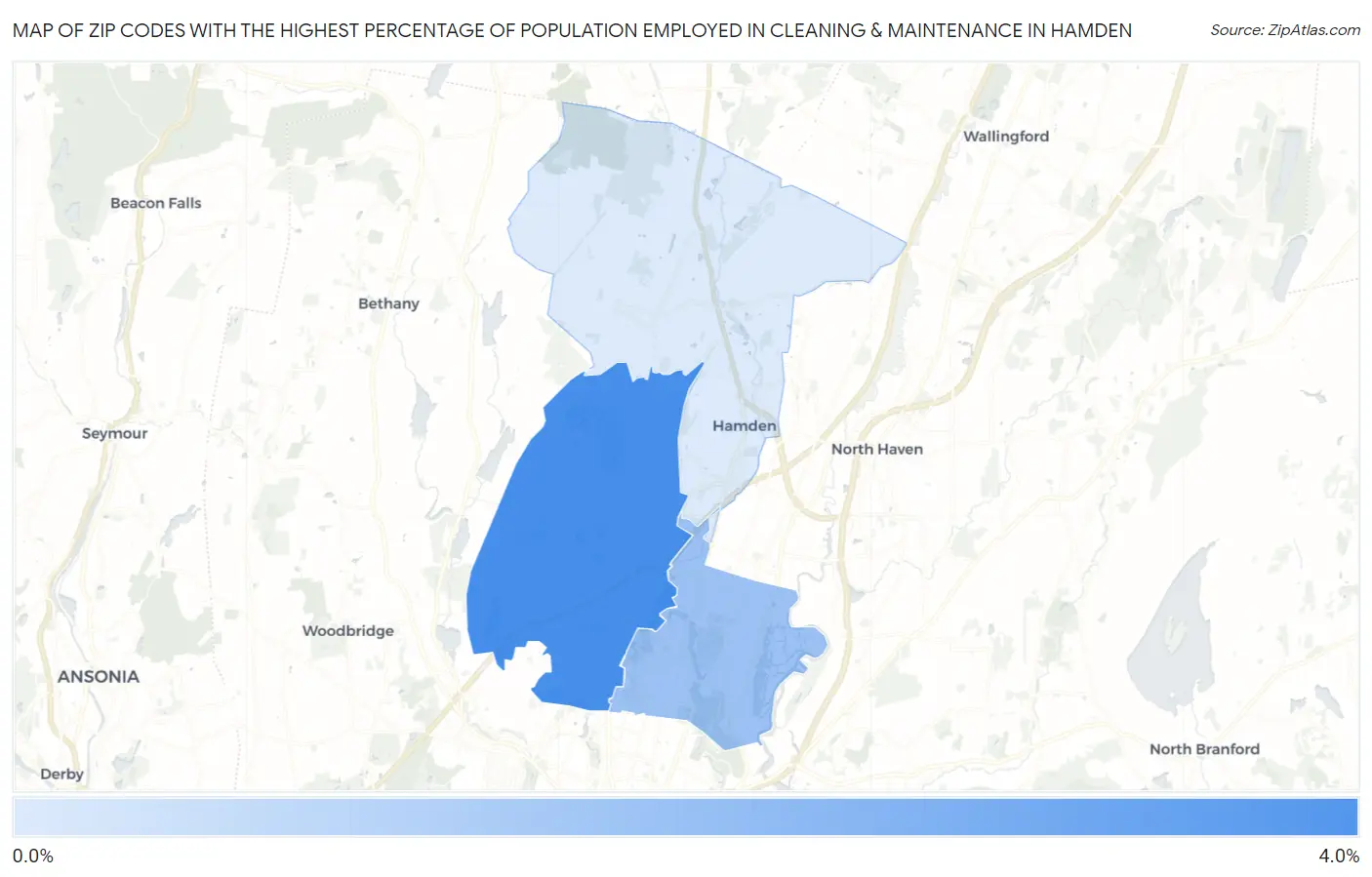 Zip Codes with the Highest Percentage of Population Employed in Cleaning & Maintenance in Hamden Map