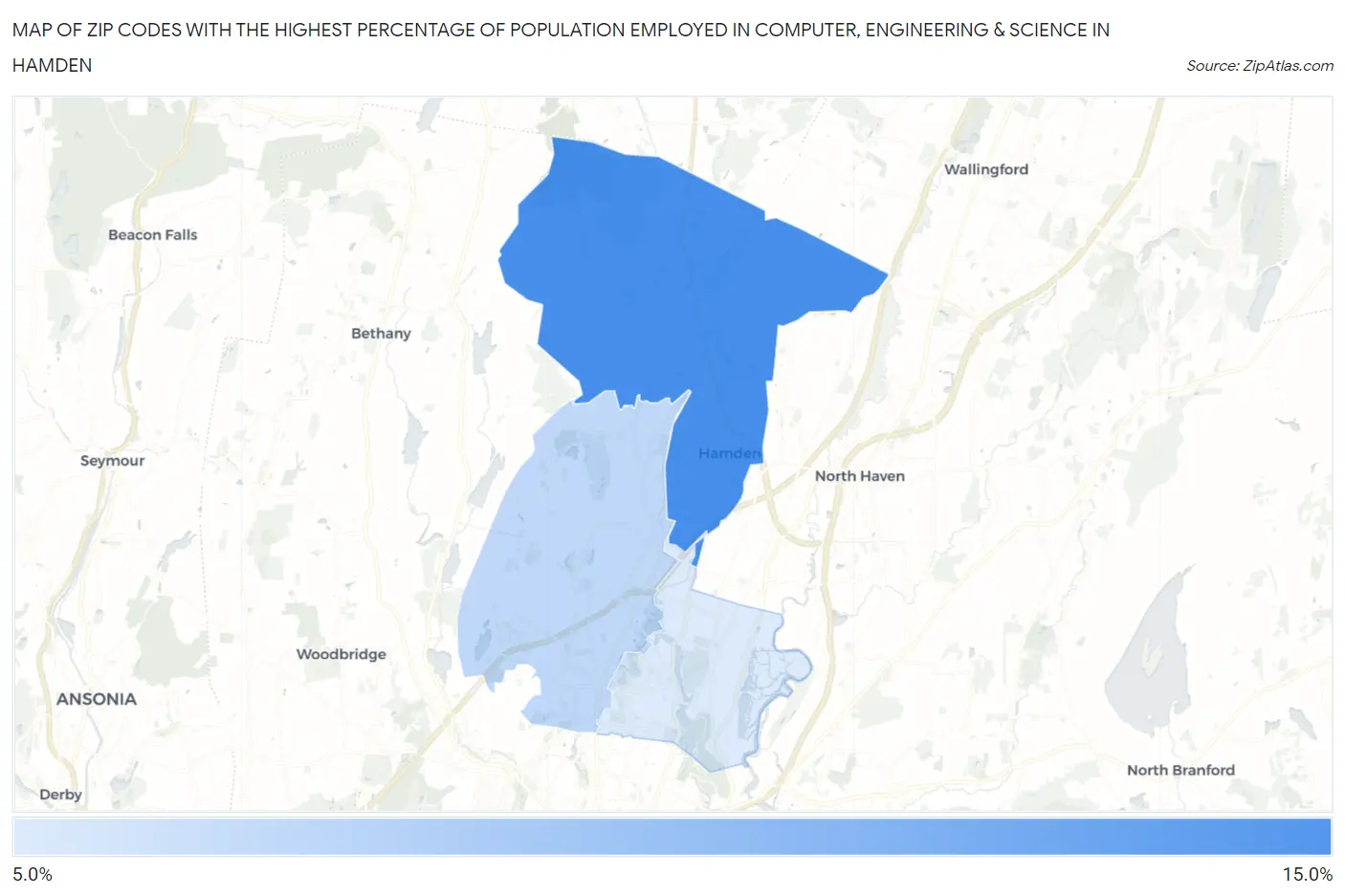 Zip Codes with the Highest Percentage of Population Employed in Computer, Engineering & Science in Hamden Map