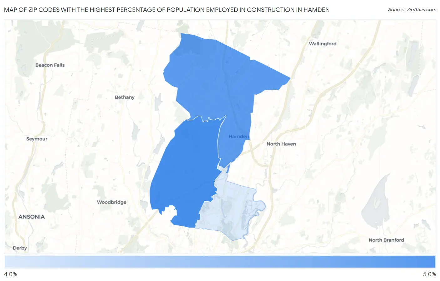 Zip Codes with the Highest Percentage of Population Employed in Construction in Hamden Map