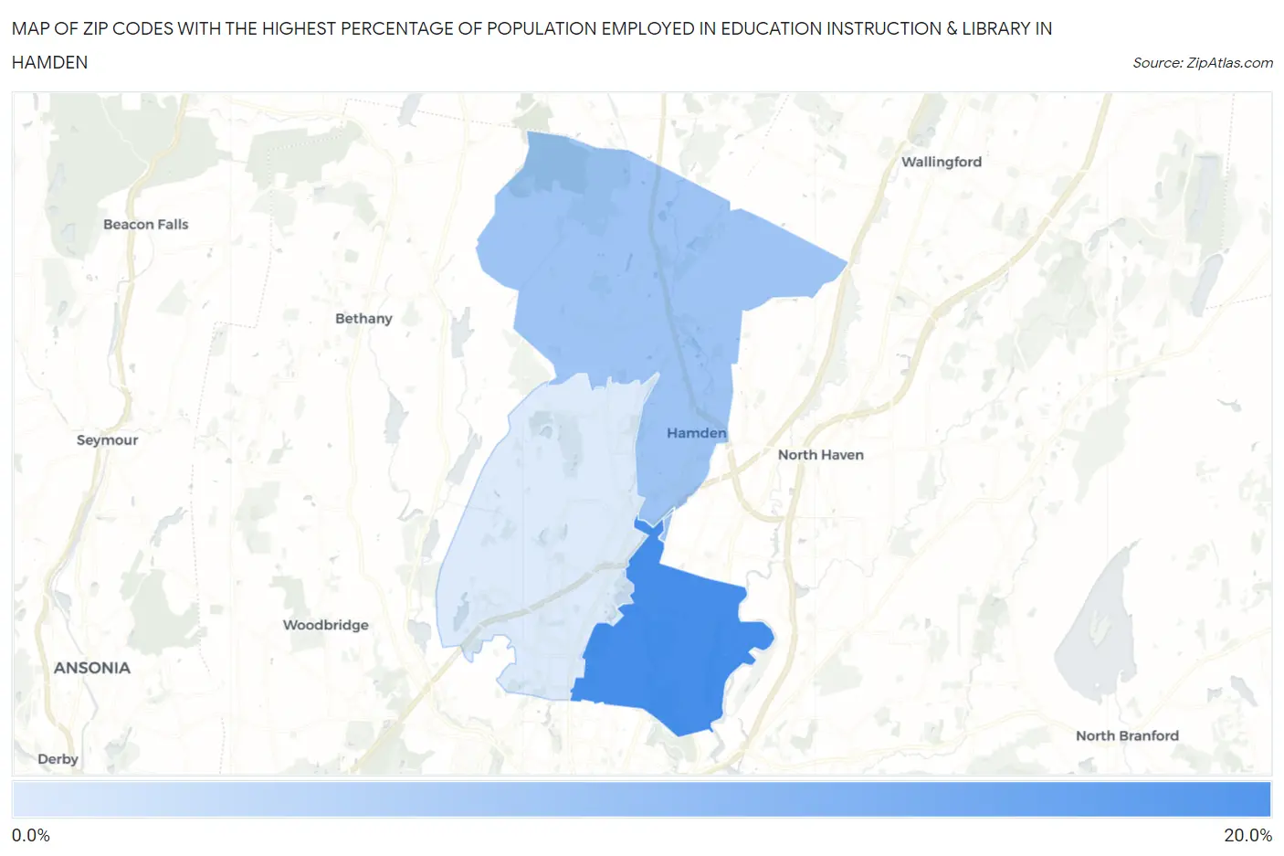 Zip Codes with the Highest Percentage of Population Employed in Education Instruction & Library in Hamden Map