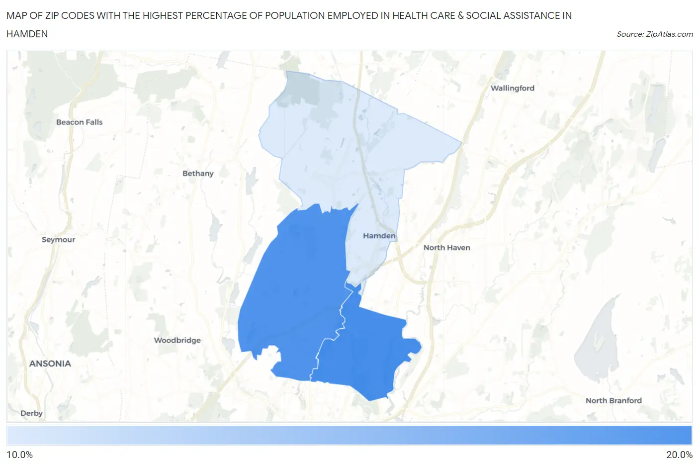 Zip Codes with the Highest Percentage of Population Employed in Health Care & Social Assistance in Hamden Map