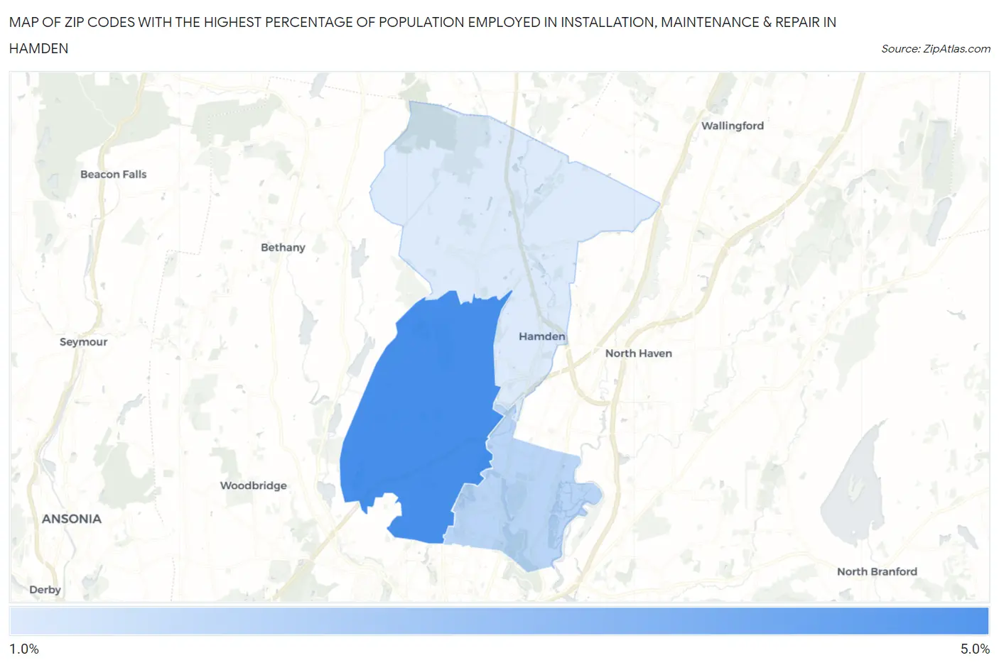 Zip Codes with the Highest Percentage of Population Employed in Installation, Maintenance & Repair in Hamden Map