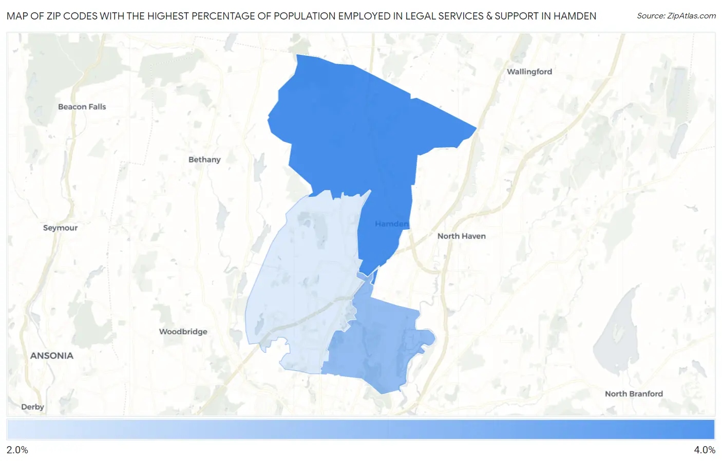 Zip Codes with the Highest Percentage of Population Employed in Legal Services & Support in Hamden Map