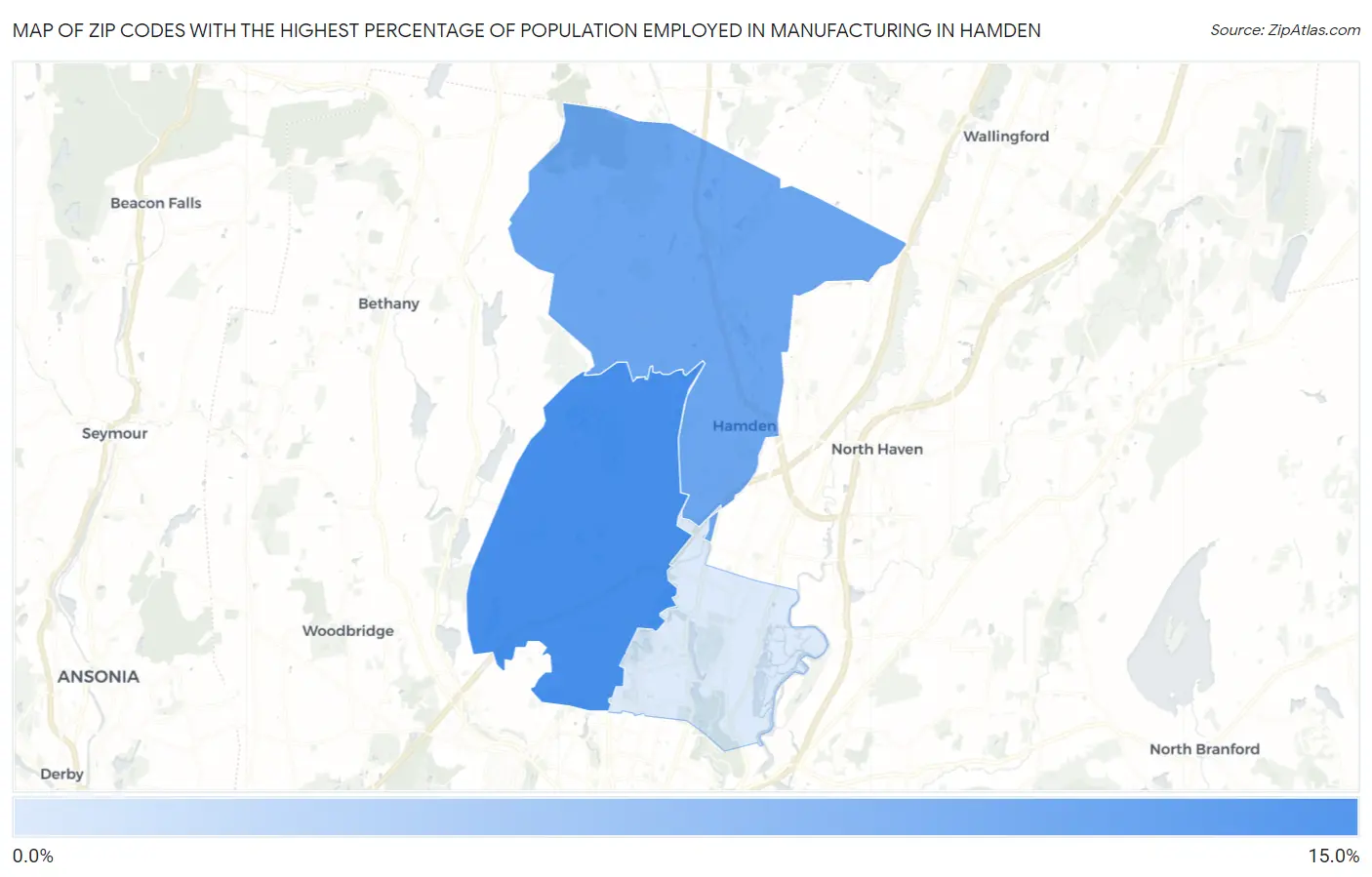 Zip Codes with the Highest Percentage of Population Employed in Manufacturing in Hamden Map