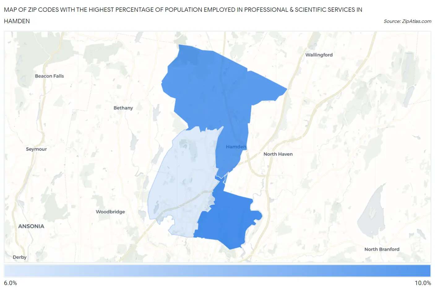 Zip Codes with the Highest Percentage of Population Employed in Professional & Scientific Services in Hamden Map